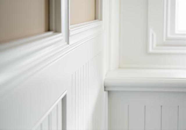 Detailed view of flawless trim work in a renovated bathroom.