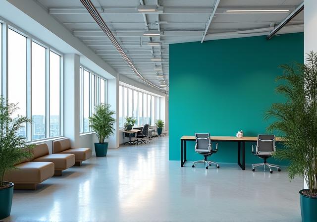 Bright and open commercial office space with accent wall.