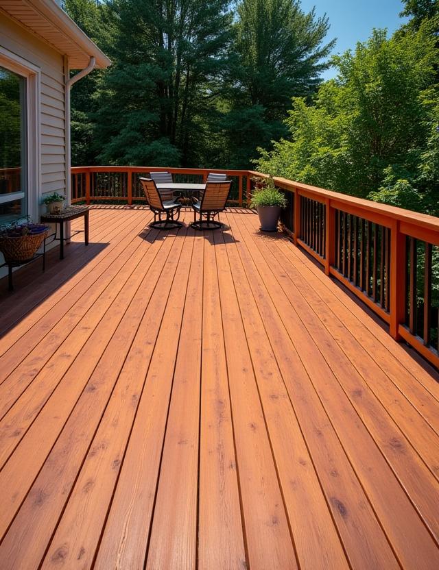 A large backyard deck with a beautiful new cedar stain.