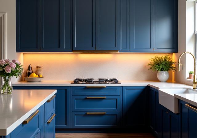 Elegant navy blue kitchen cabinets after refinishing.