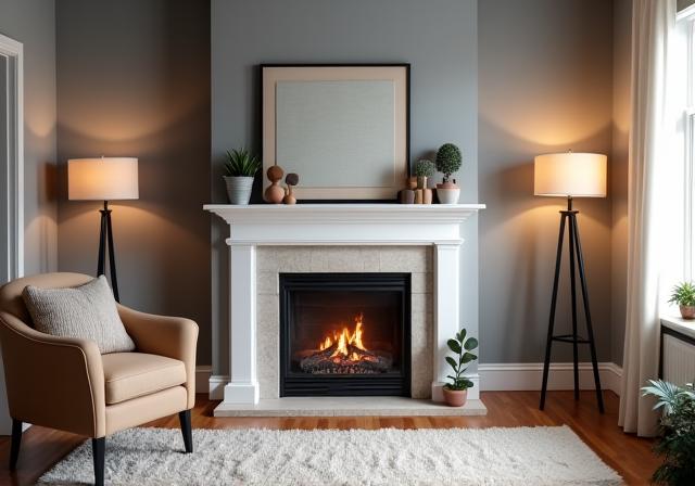 A cozy living room with perfectly painted gray walls and a fireplace.