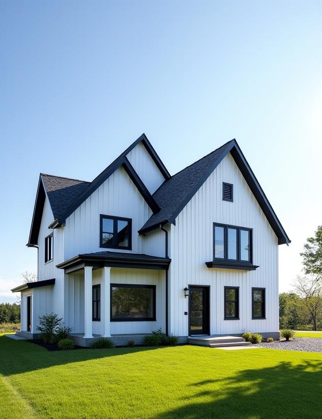 A modern farmhouse with sharp white siding and black trim.