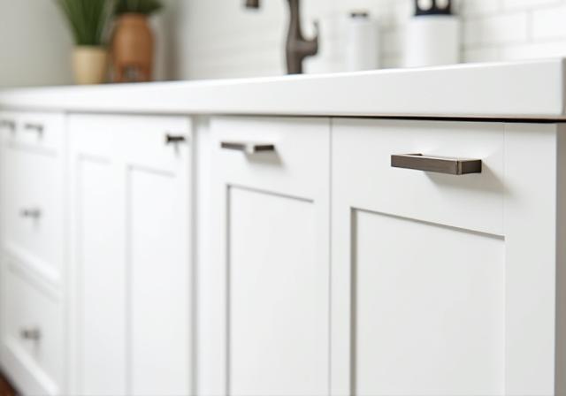 Modern white refinished kitchen cabinets with new hardware.