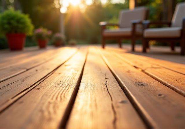 A freshly stained wooden deck with a rich, protective finish.