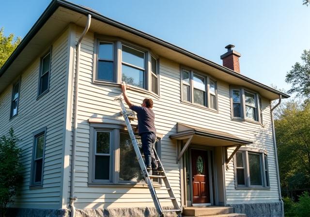 The exterior of a two-story home being professionally painted.