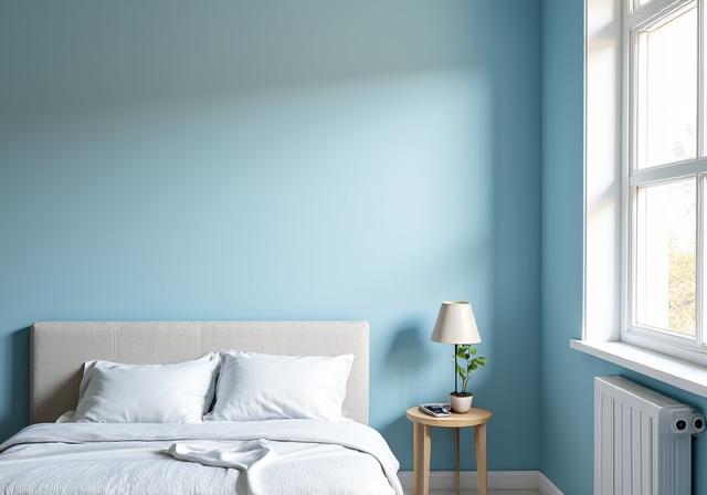 A newly painted bedroom with crisp white trim and serene blue walls.
